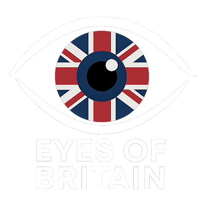 Eyes of Britain logo depicting an eye illustrated by a white top and lower lid as thick lines. The iris of the eye is the Union Jack flag surrounding the black pupil. Iris photography. Eye photography. Photography project. UK. The Touring Eye