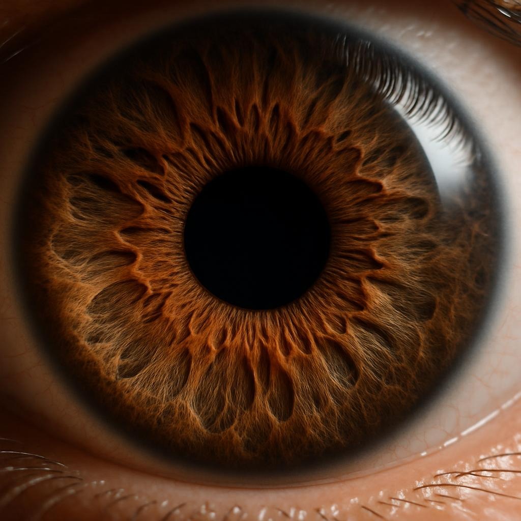 An AI generated image of a close up of a brown human eye iris showing the entire all and upper and lower eyelids. Iris photography. Eye photography. UK