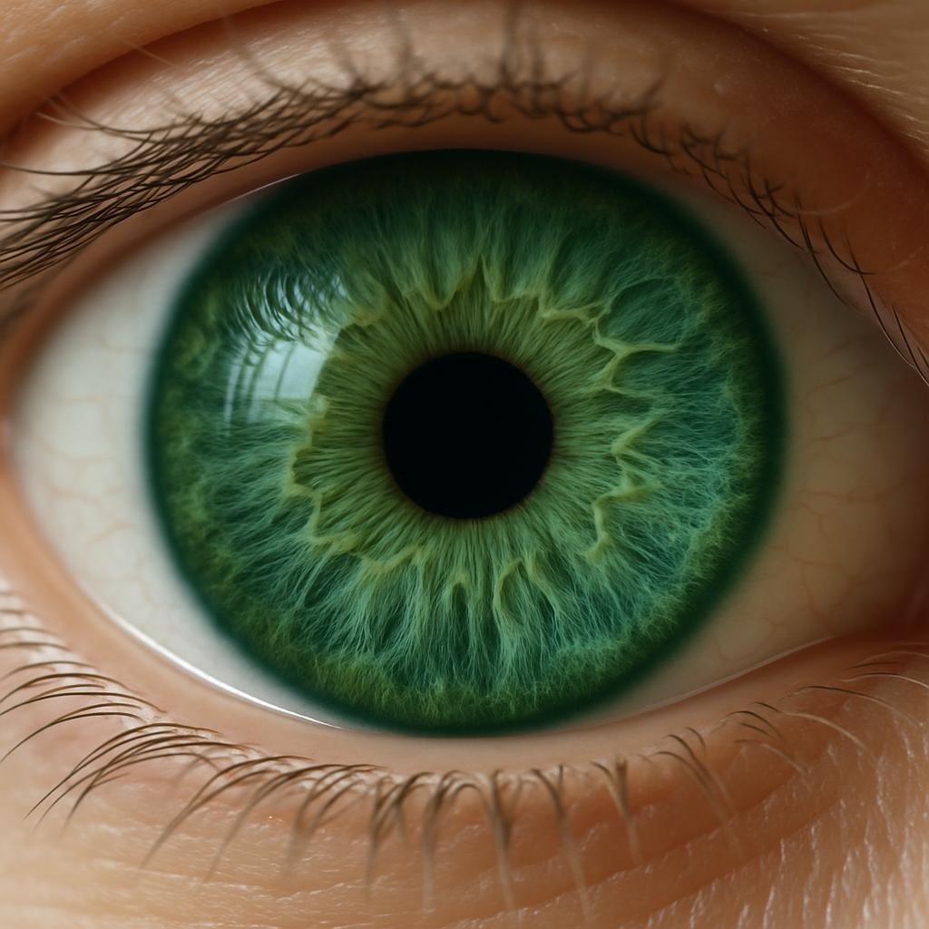 An AI generated image of a close up of a green human eye iris showing the entire all and upper and lower eyelids. Iris photography. Eye photography. UK